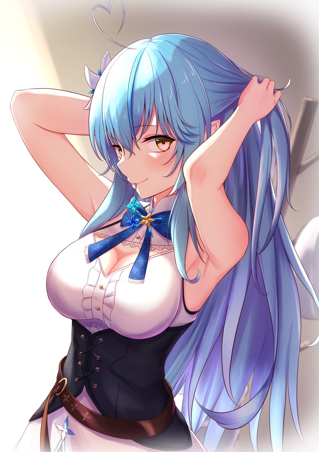 cleavage, cocoablue, elf, hololive, hololive_english, pointy_ears, yukihana_lamy
