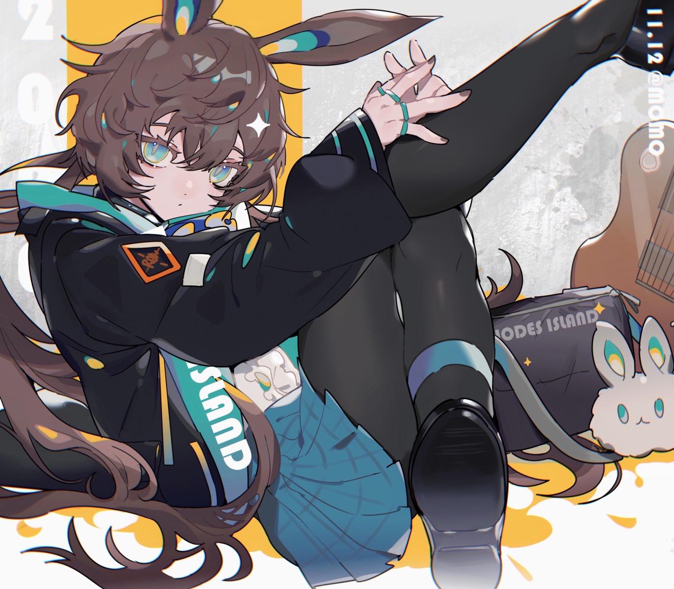 amiya_(arknights), animal_ears, arknights, bunny_ears, guitar, pantyhose, skirt_lift, taowu_(20809)