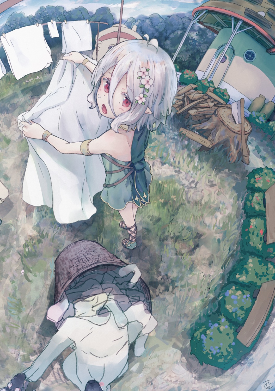 dress, kokkoro, nishi_yasuaki, no_bra, pointy_ears, princess_connect!, princess_connect!_re:dive