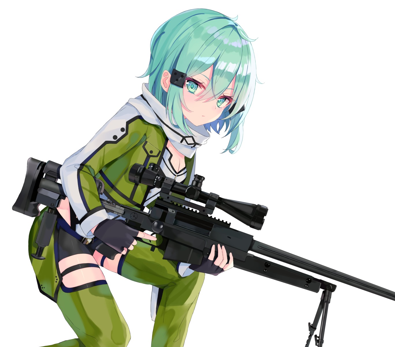 cleavage, garter, gun, gun_gale_online, sinobi_illust, sinon, sword_art_online
