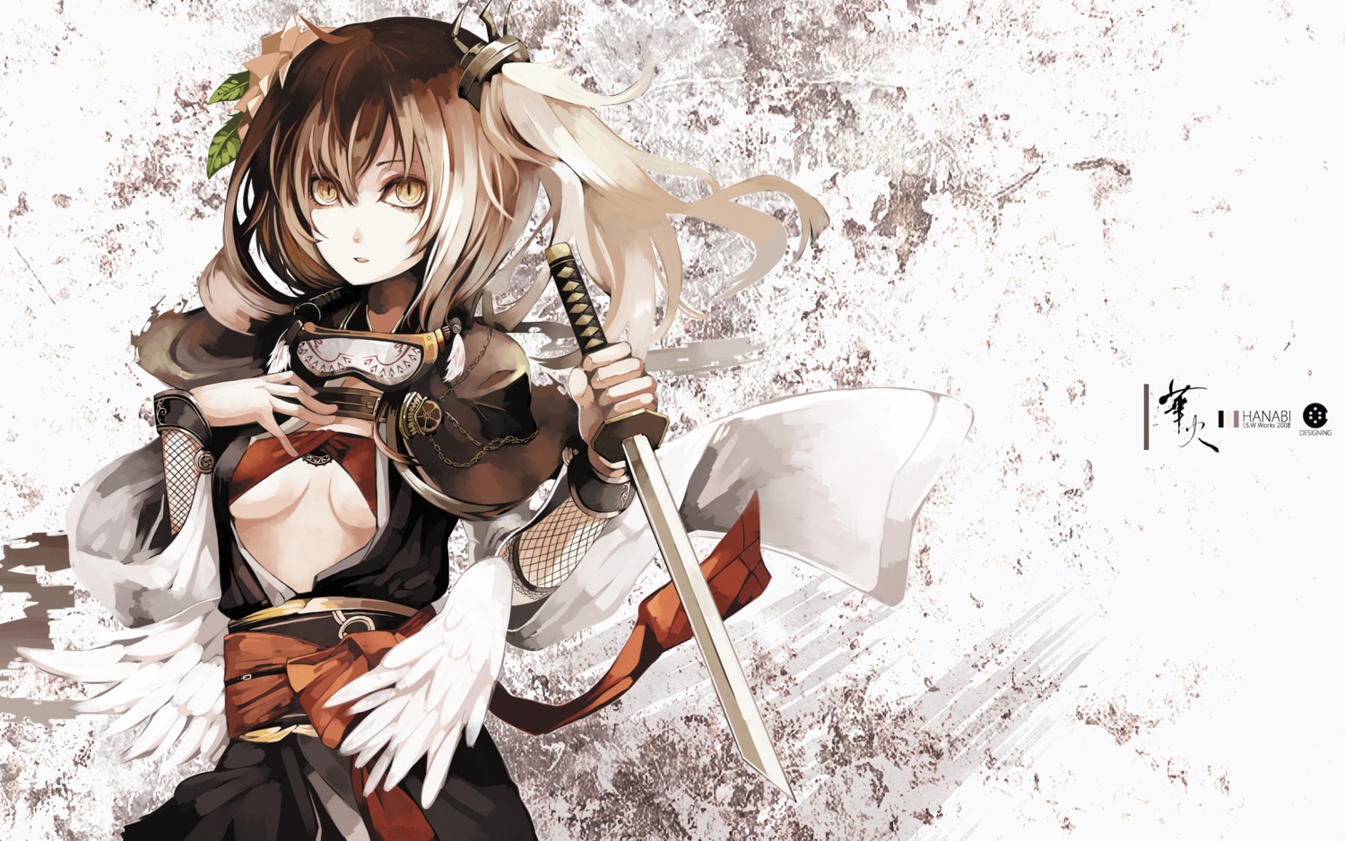 bra, i.s.w, open_shirt, riku, sword, underboob, wallpaper