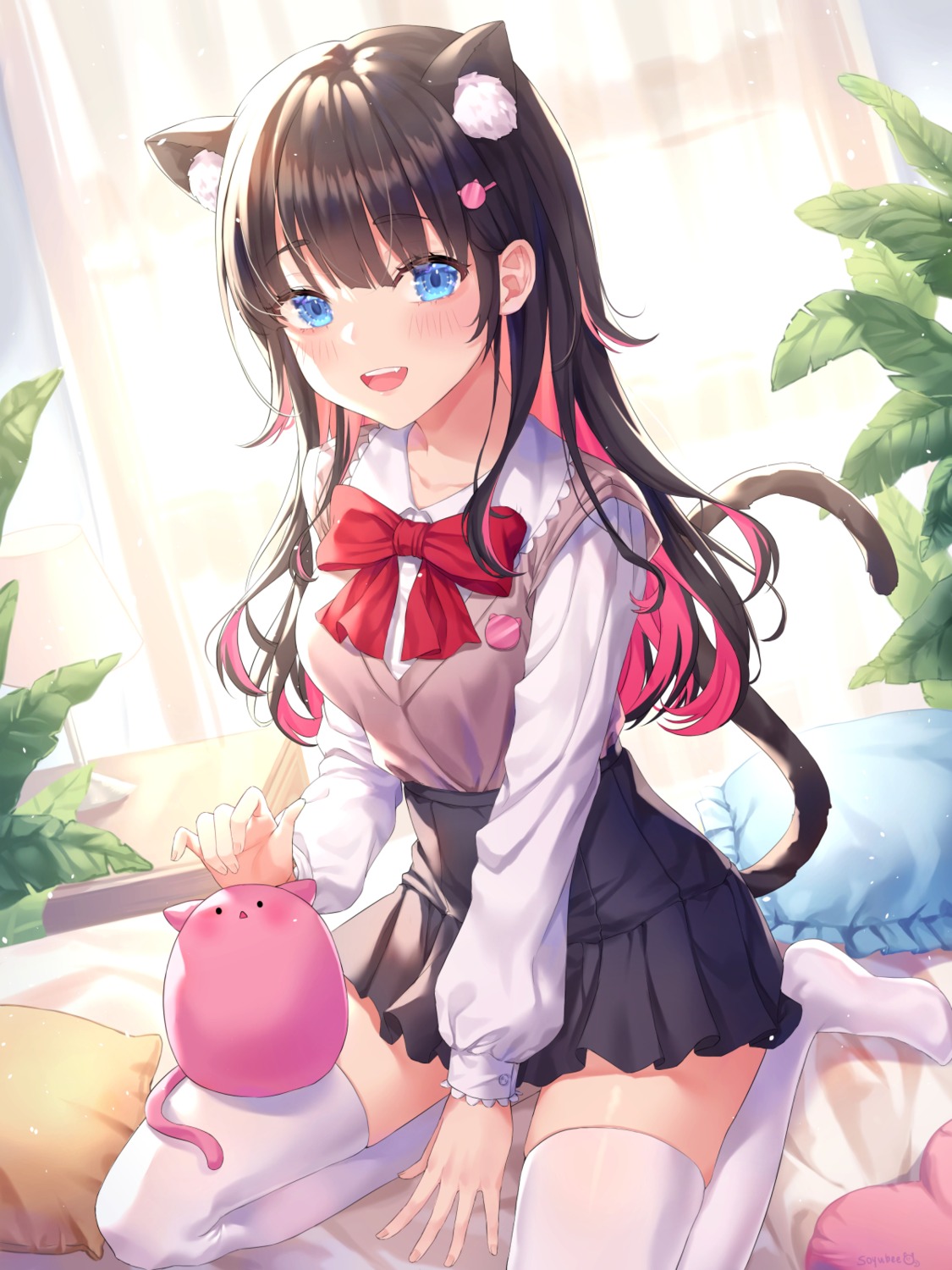 animal_ears, nekomimi, seifuku, soyubee, sweater, tail, thighhighs