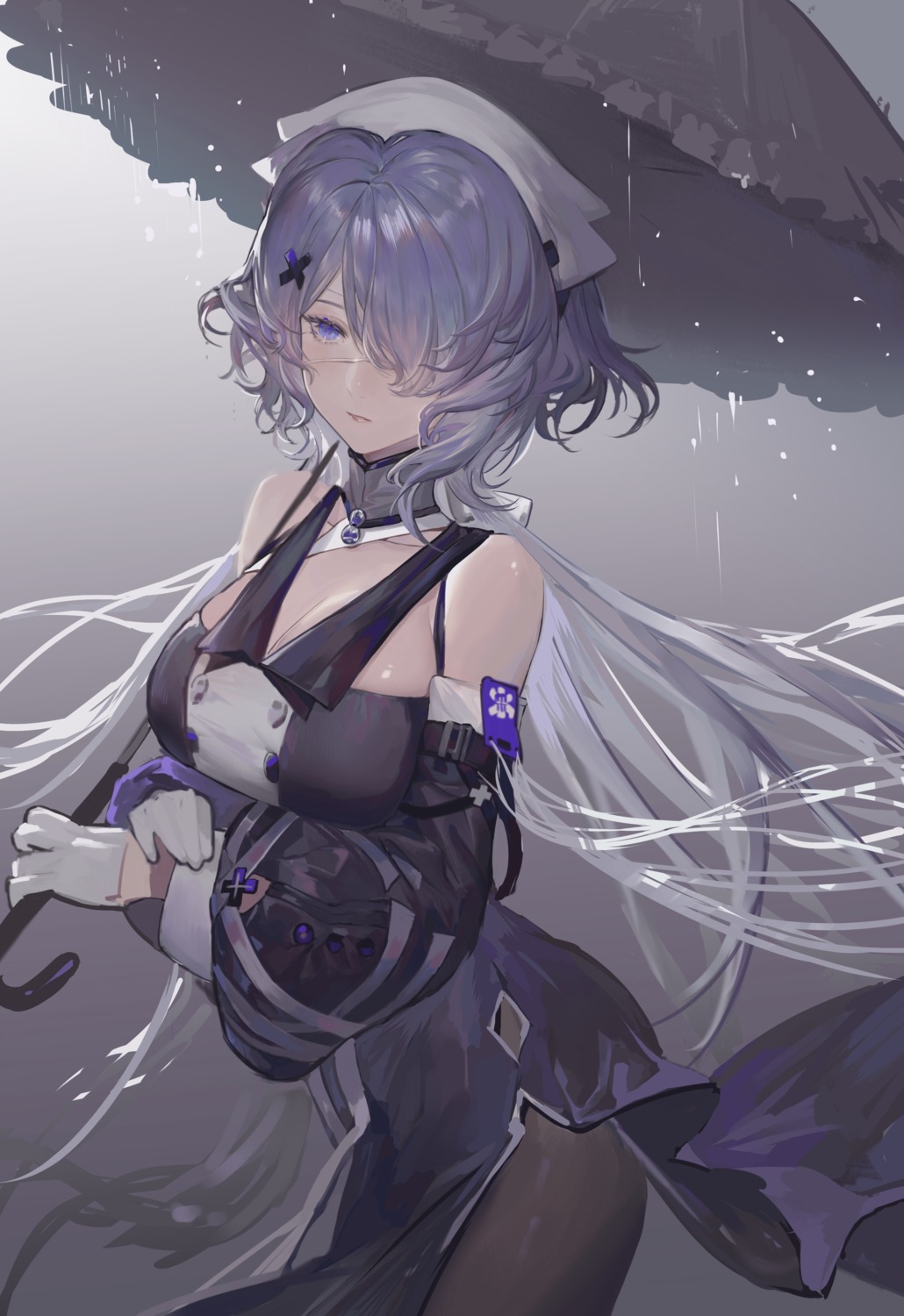 arknights, bingansuan_jiamouren, dress, eyepatch, pantyhose, skirt_lift, umbrella, whisperain_(arknights)