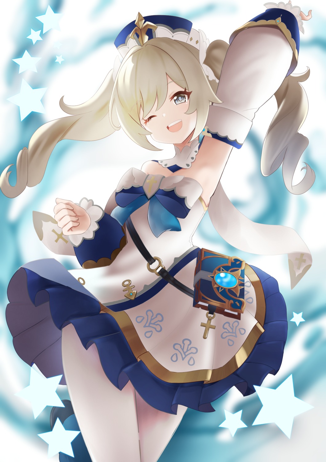 barbara_(genshin_impact), genshin_impact, manjirou_(manji_illust), pantyhose, skirt_lift