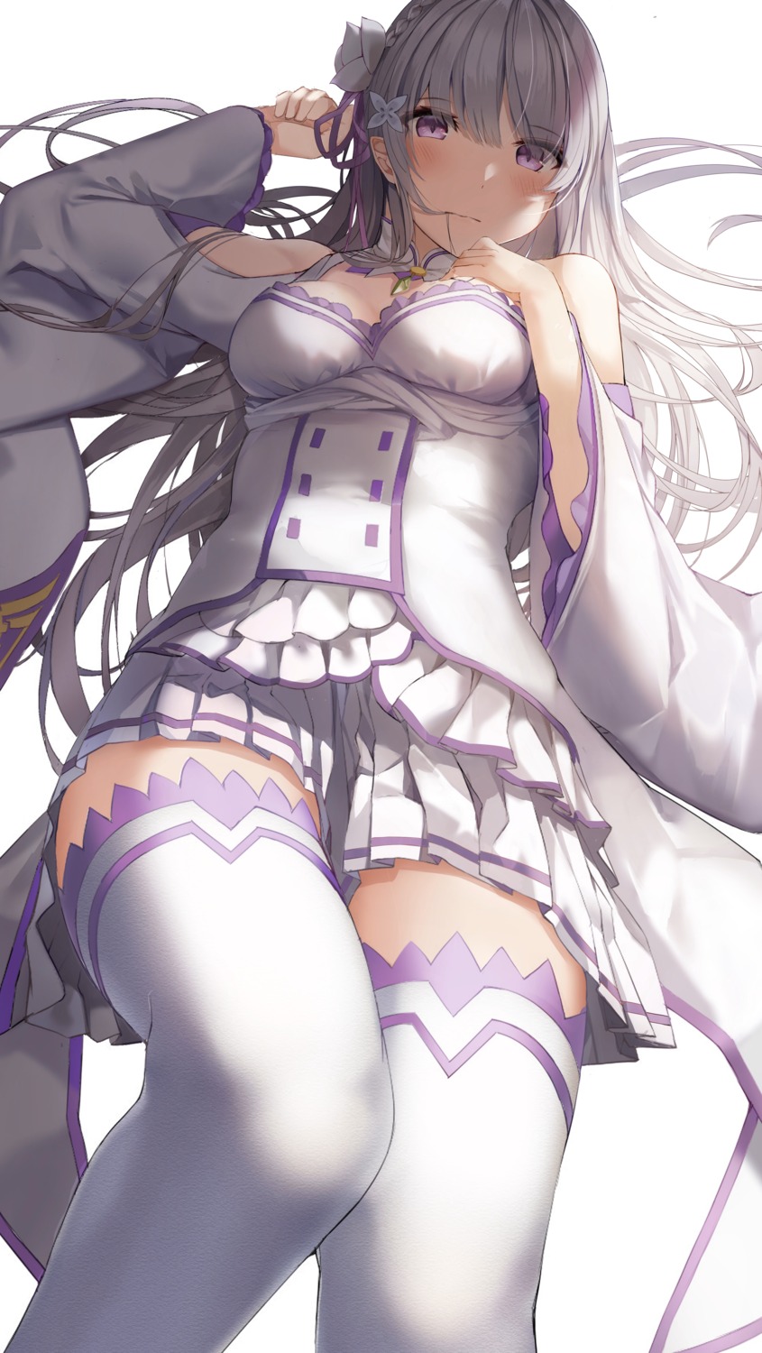 breast_hold, cleavage, dress, elf, emilia_(re_zero), pointy_ears, re:zero_kara_hajimeru_isekai_seikatsu, shiranui_(nisioisin_sinob)