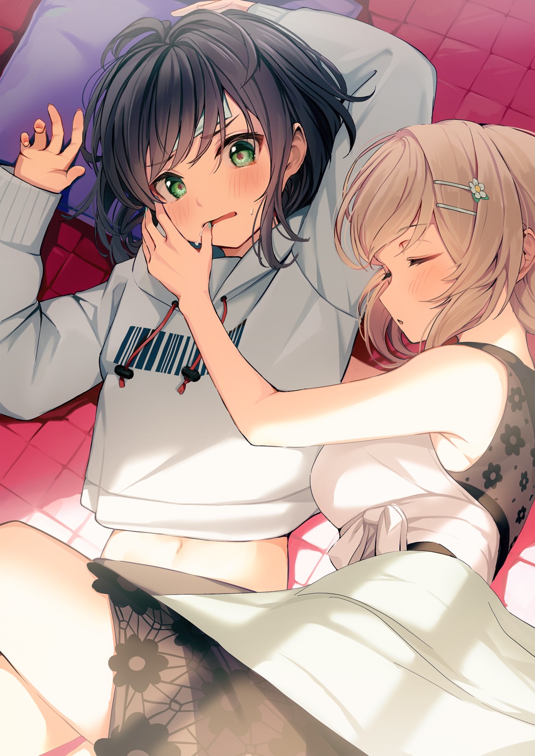 kagawa_ichigo, sheets, skirt_lift, yuri