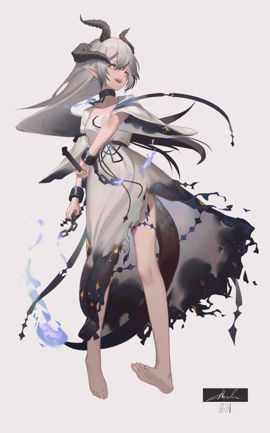 anhao1224, dress, garter, horns, pointy_ears, sword, tail, torn_clothes