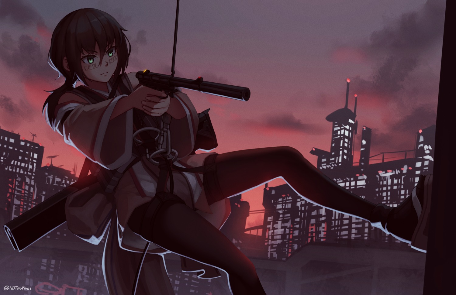 gun, japanese_clothes, ndtwofives, pantyhose, tattoo