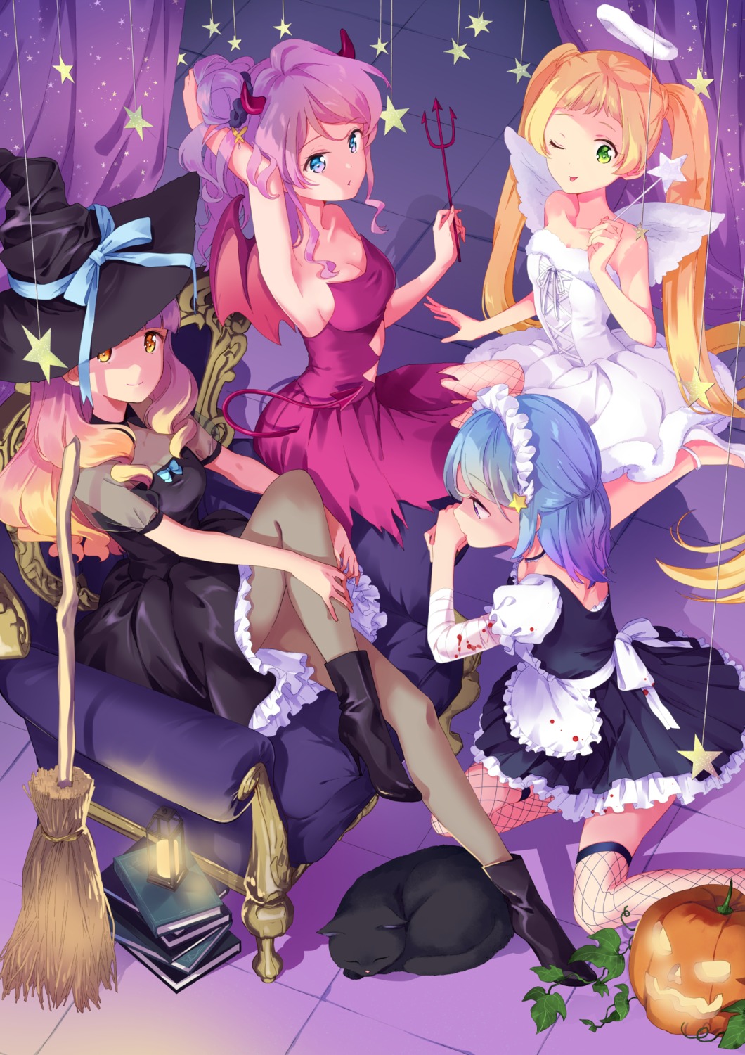 aikatsu_friends!, angel, bandages, blood, chouno_maika, cleavage, devil, dress, fishnets, halloween, heels, hinata_ema, horns, maid, minato_mio, neko, no_bra, pantyhose, see_through, thighhighs, todo-akira, weapon, wings, witch, yuuki_aine