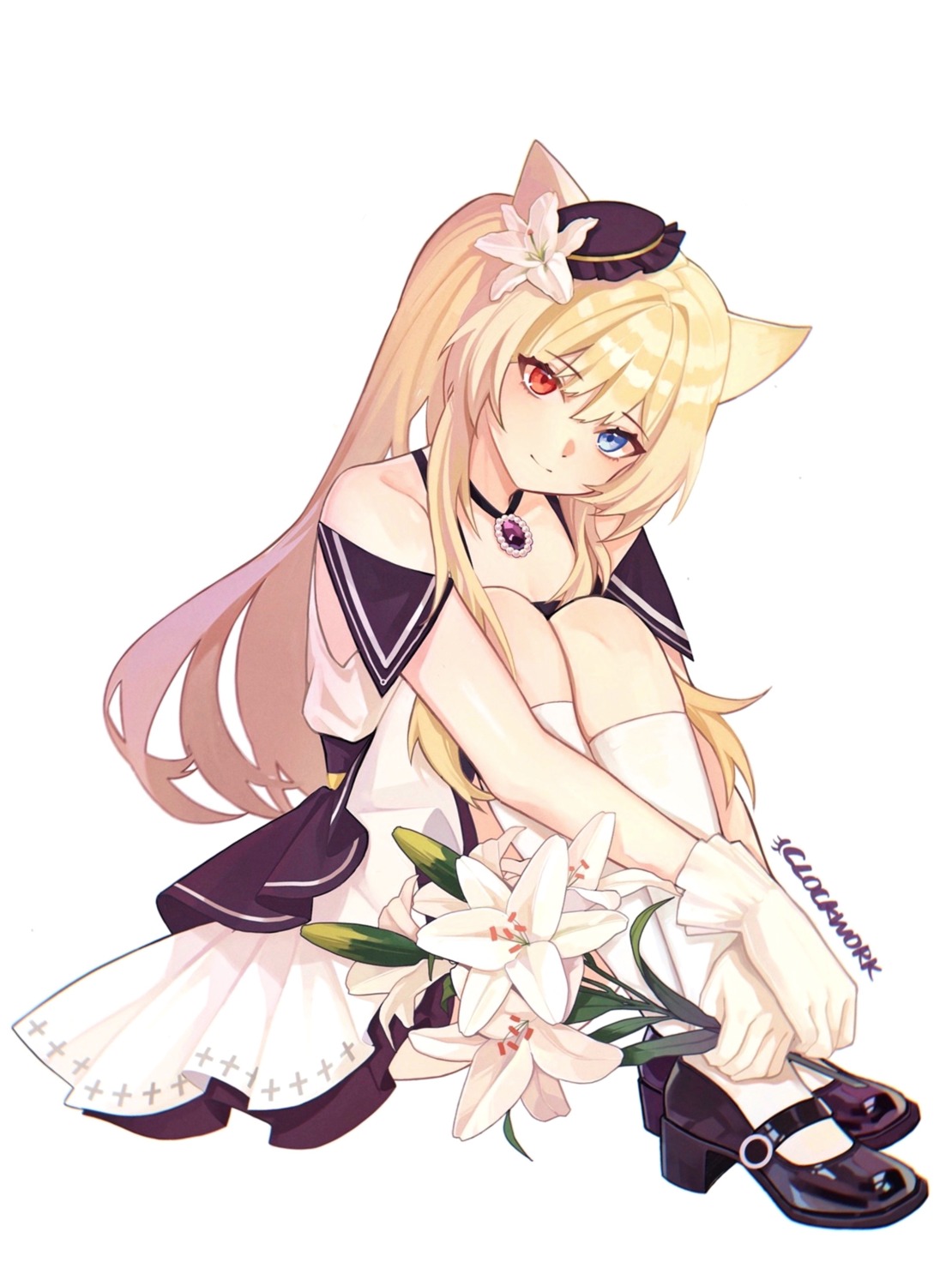 animal_ears, arknights, dress, heels, heterochromia, nekomimi, nightmare_(arknights), skirt_lift