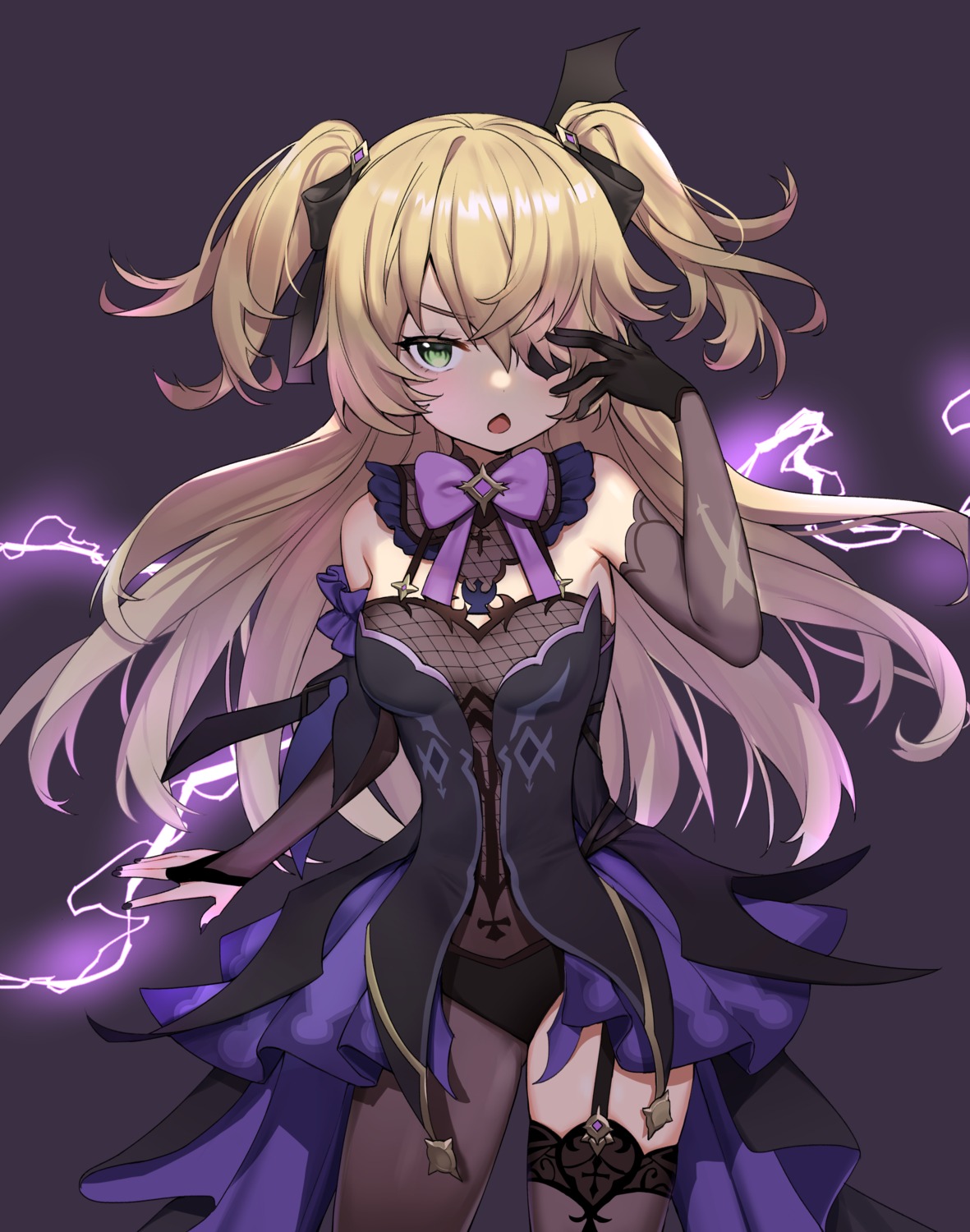 eyepatch, fischl, fishnets, genshin_impact, leotard, mashilemo, stockings, thighhighs