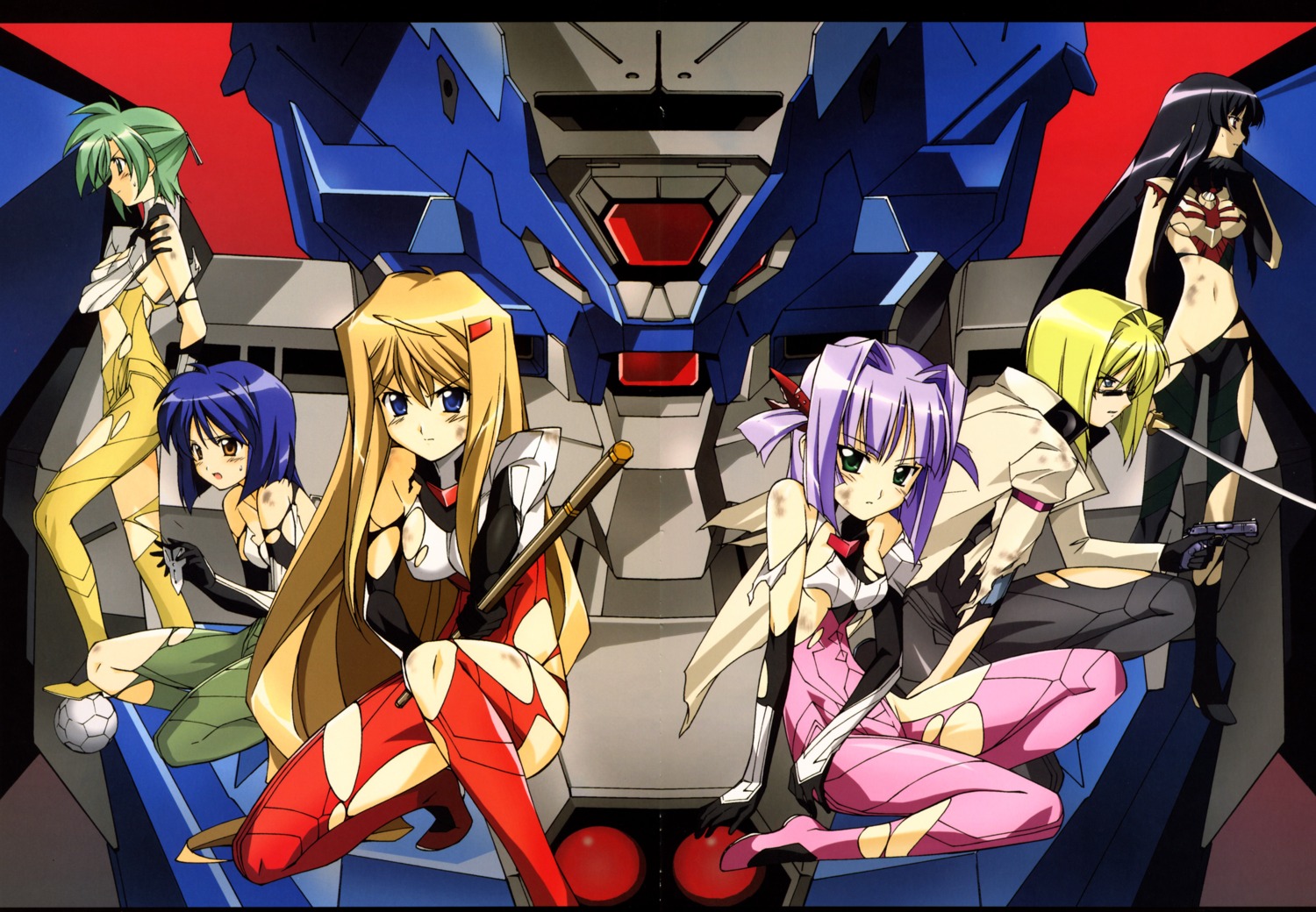 bodysuit, gun, hiiragi_akao, jinki, jinki_extend, kawamoto_satsuki, kousaka_rui, mel_j_vanette