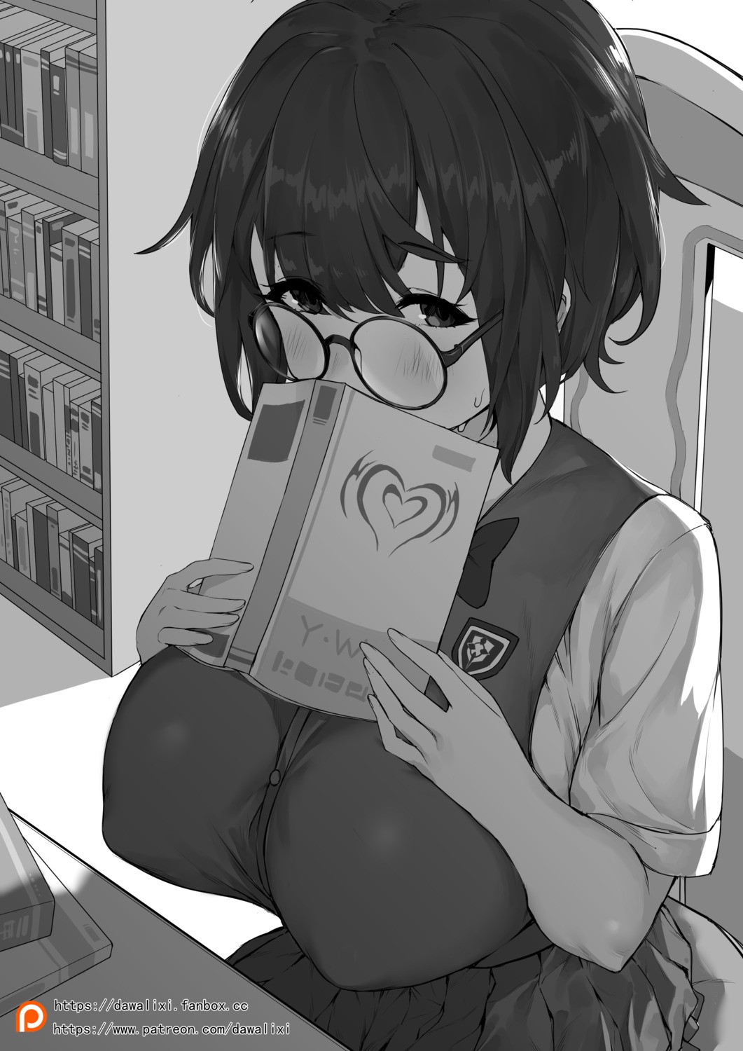 dawalixi, erect_nipples, megane, monochrome, seifuku