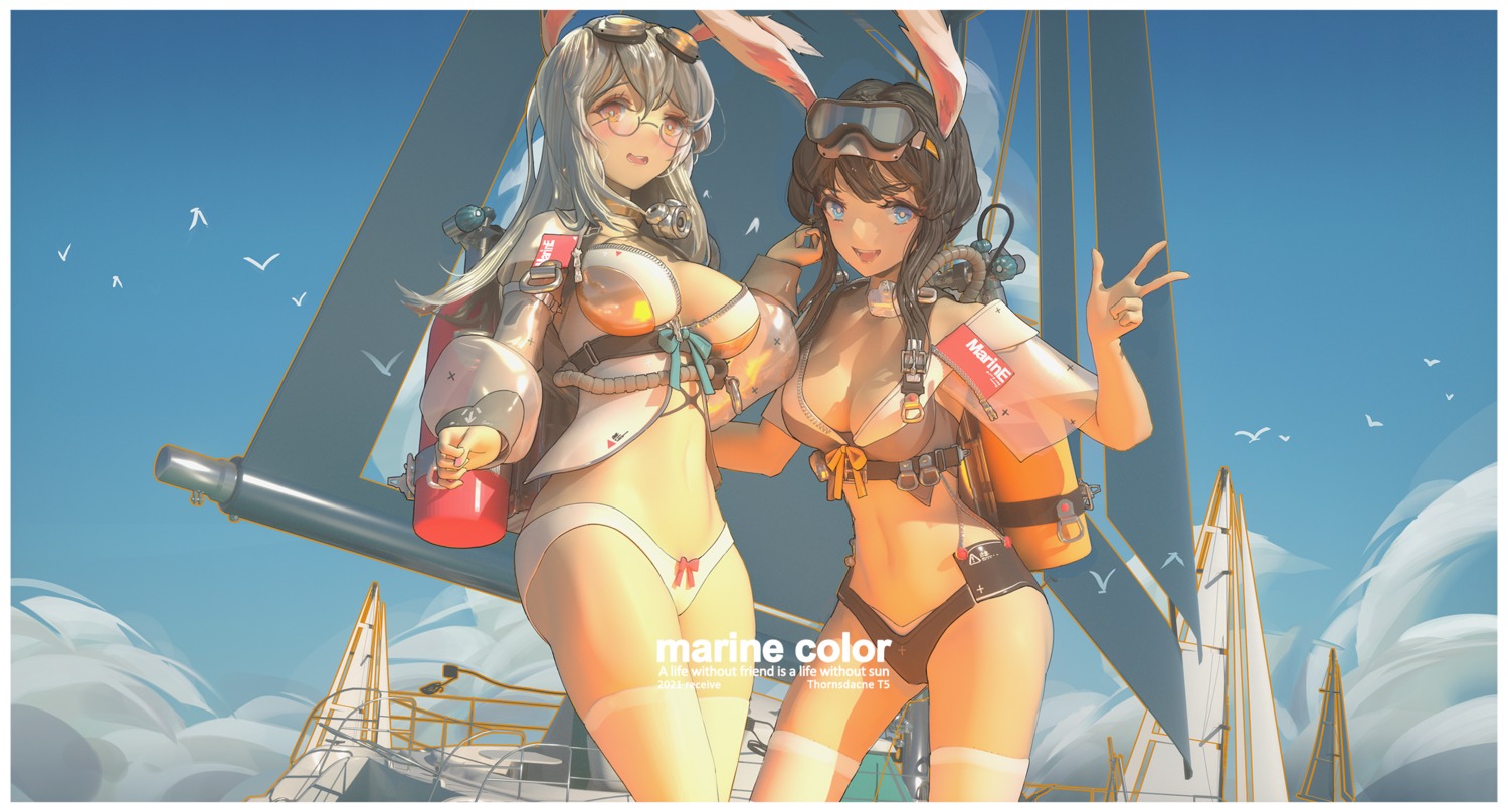 animal_ears, bikini, bunny_ears, ibara_dance, megane, swimsuits, thighhighs