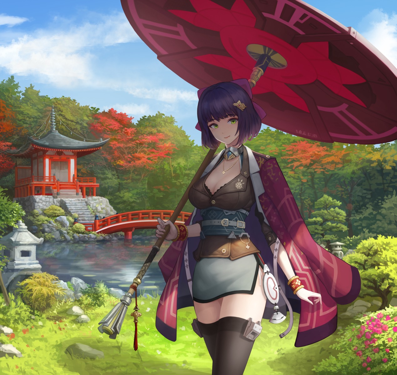 arin_sel, cleavage, japanese_clothes, thighhighs, umbrella