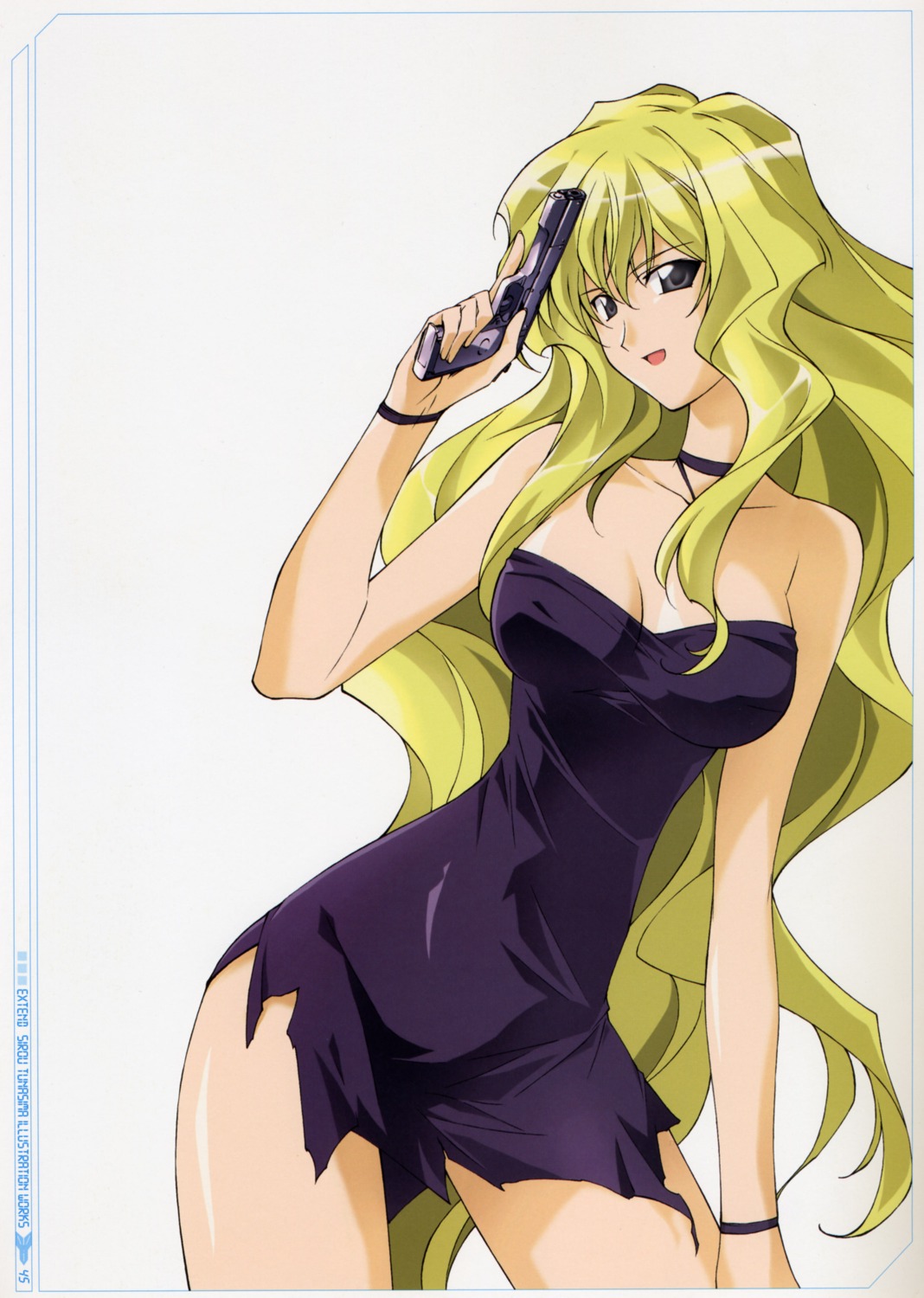cleavage, dress, gun, jinki, jinki_extend, mel_j_vanette, torn_clothes, tsunashima_shirou