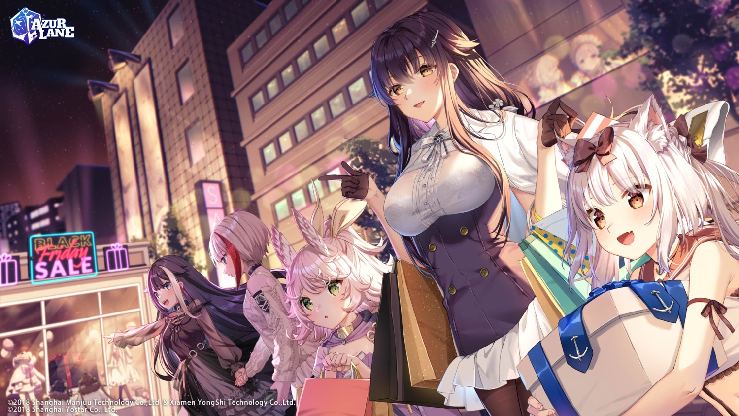 admiral_graf_spee_(azur_lane), animal_ears, azuma_(azur_lane), azur_lane, deutschland_(azur_lane), dress, jpeg_artifacts, kitakaze_(azur_lane), pantyhose, rosuuri, seifuku, sweater, wallpaper, yukikaze_(azur_lane), yuri