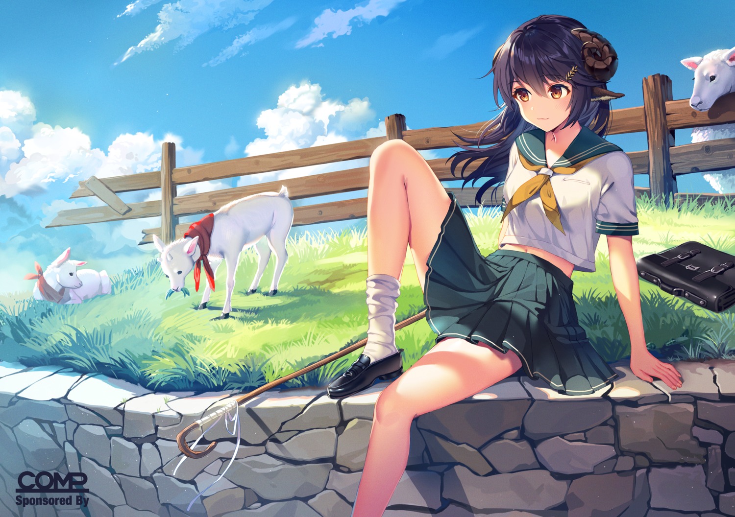 animal_ears, horns, satchely, seifuku, skirt_lift