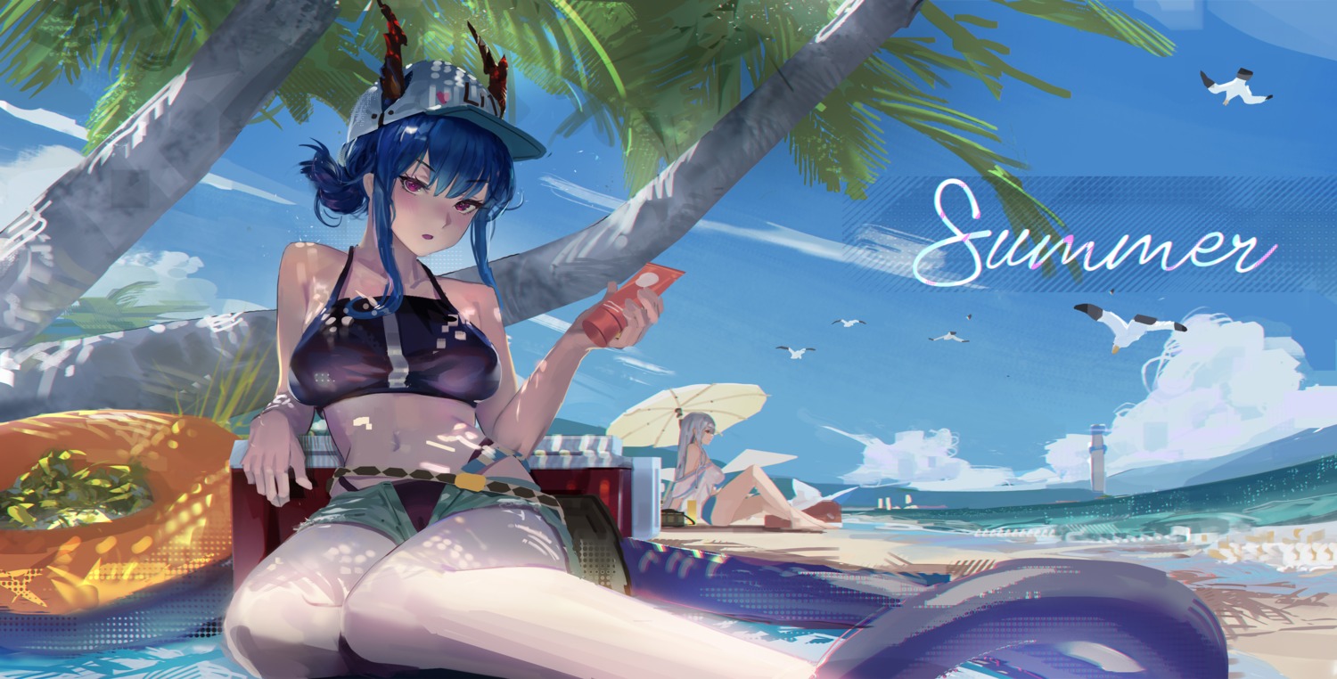 1s44c, arknights, bikini, ch'en_(arknights), horns, skadi_(arknights), swimsuits, tail