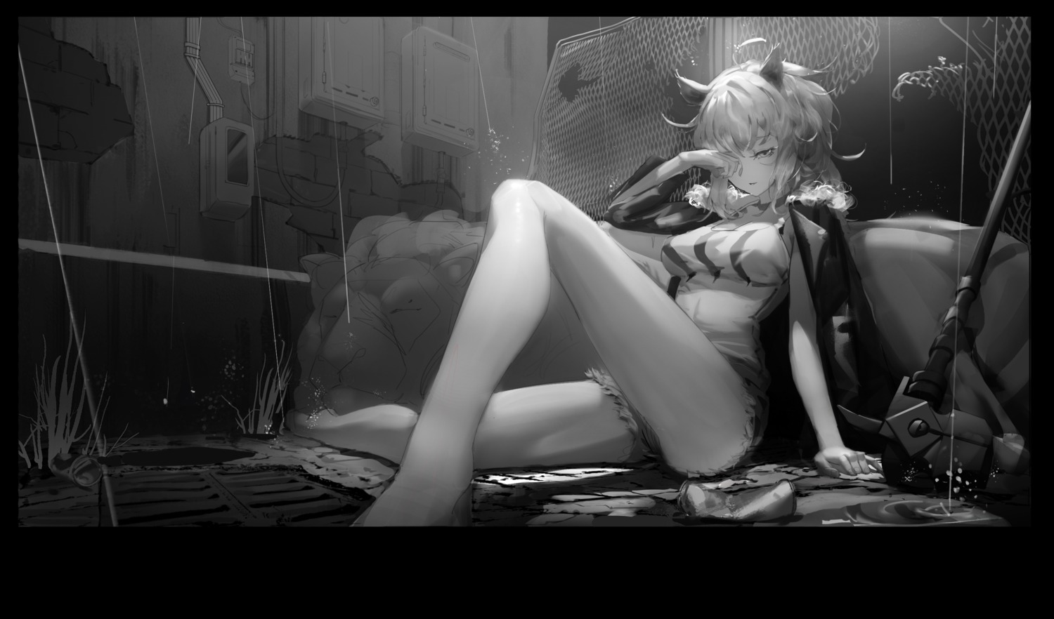 1s44c, animal_ears, arknights, monochrome, siege_(arknights)