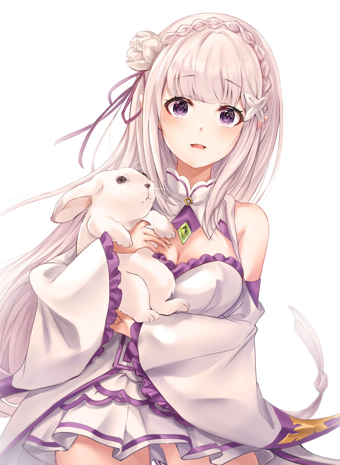 cleavage, dress, elf, emilia_(re_zero), pointy_ears, re:zero_kara_hajimeru_isekai_seikatsu, zipgaemi