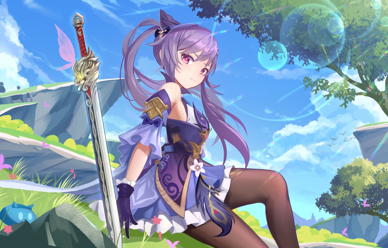 asian_clothes, genshin_impact, jiao_cat, keqing, pantyhose, skirt_lift, sword, tagme