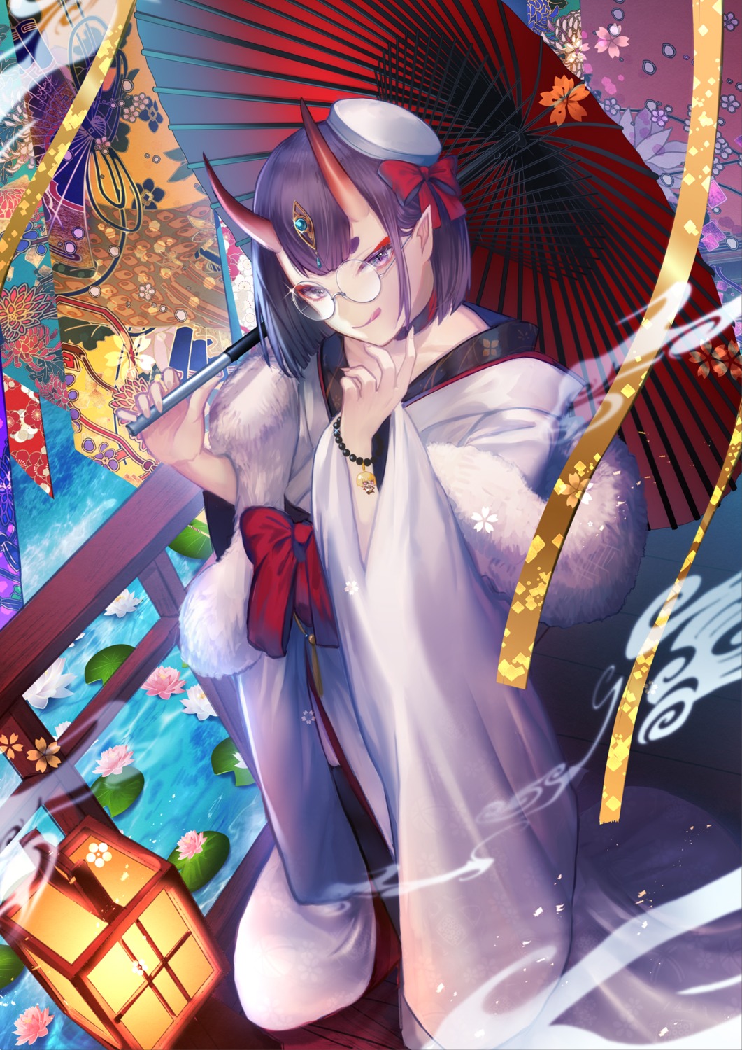 fate/grand_order, horns, japanese_clothes, megane, pointy_ears, shuten_douji_(fate), umbrella, yui_(kawalcjil4)