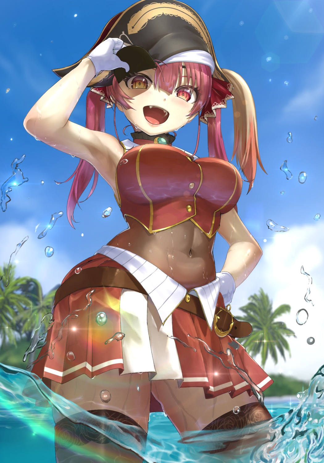 eyepatch, heterochromia, hololive, houshou_marine, pirate, thighhighs, wankosukii, wet
