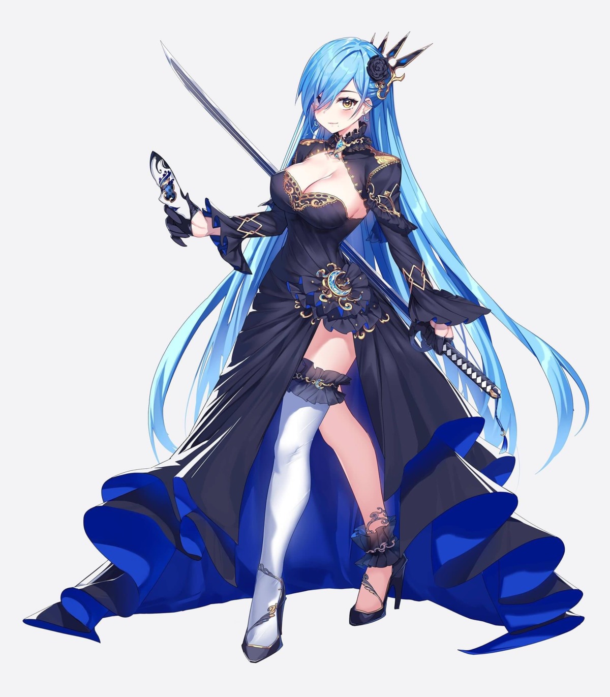 dress, garter, gendo0032, heels, no_bra, sword, thighhighs