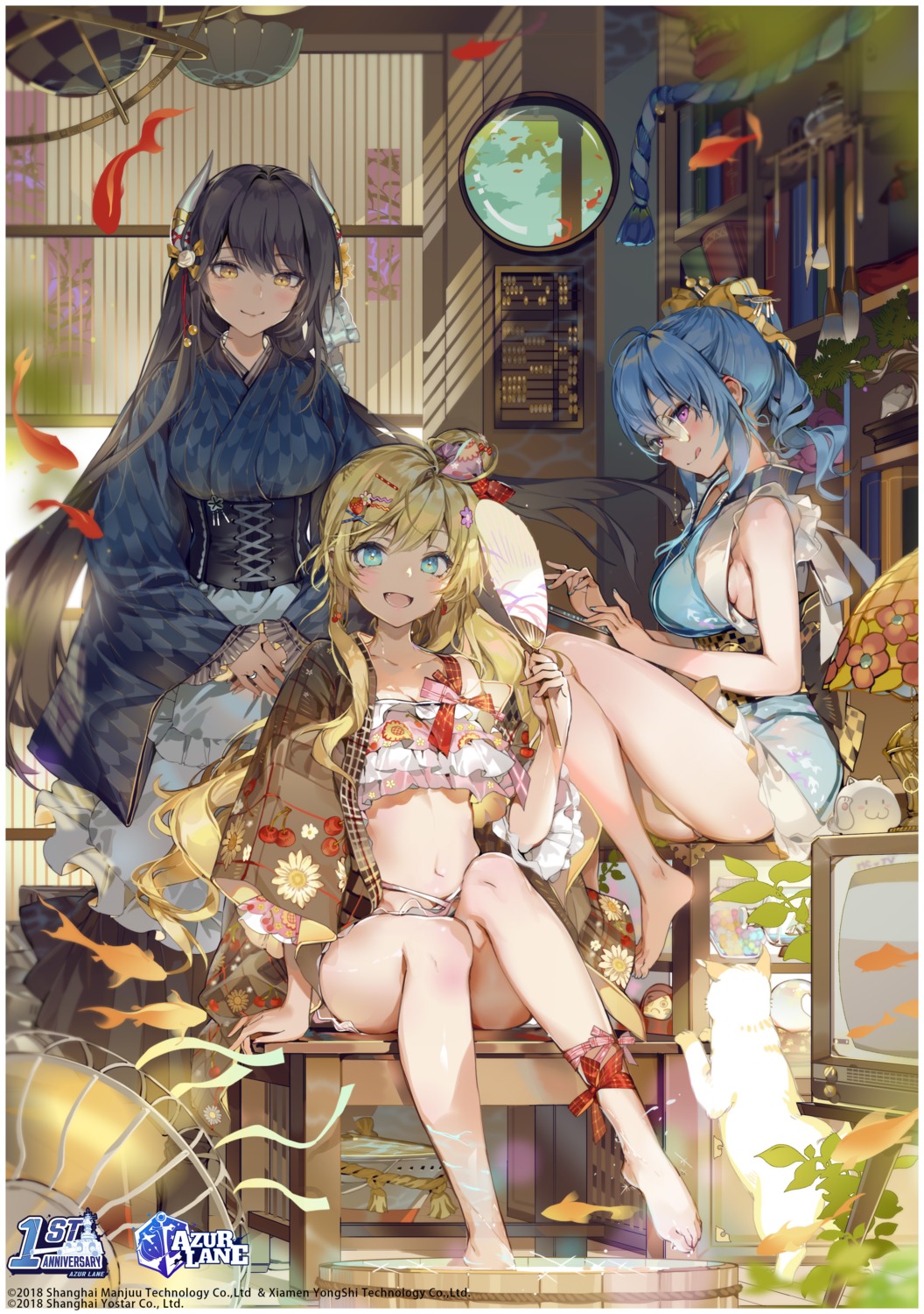 akizero1510, azur_lane, bikini, cleavage, duplicate, hiei_(azur_lane), horns, japanese_clothes, kongou_(azur_lane), megane, neko, open_shirt, skirt_lift, st._louis_(azur_lane), swimsuits, wet
