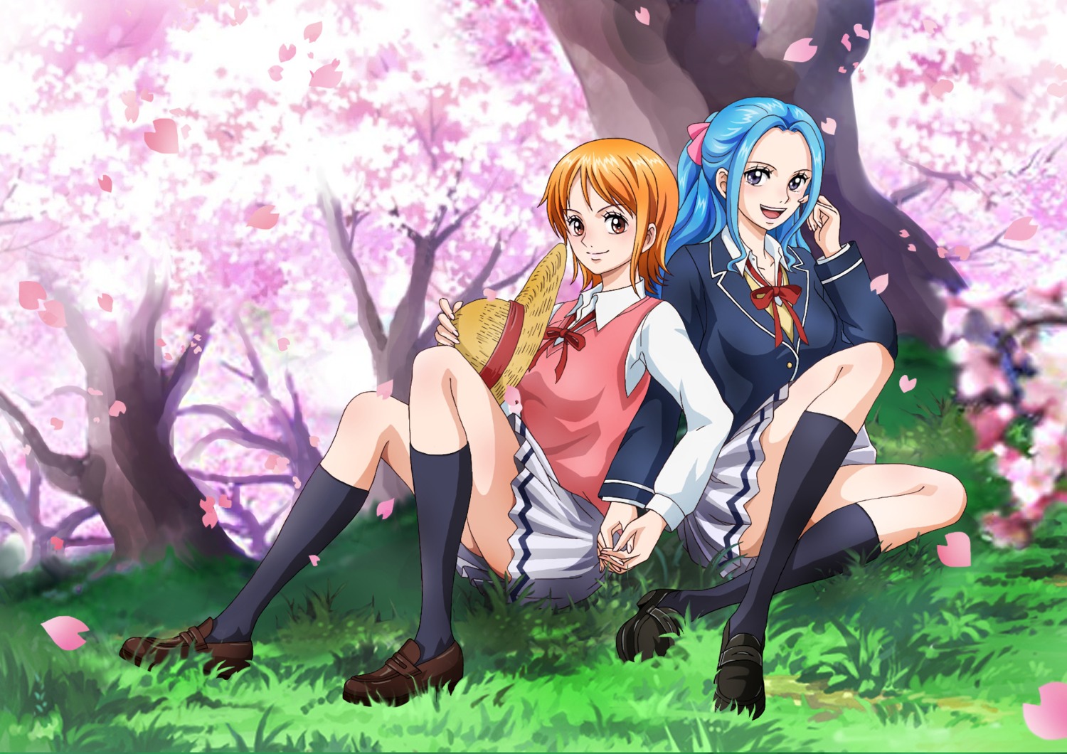 nami, nefertari_vivi, one_piece, seifuku, skirt_lift, sweater, tagme, yuri