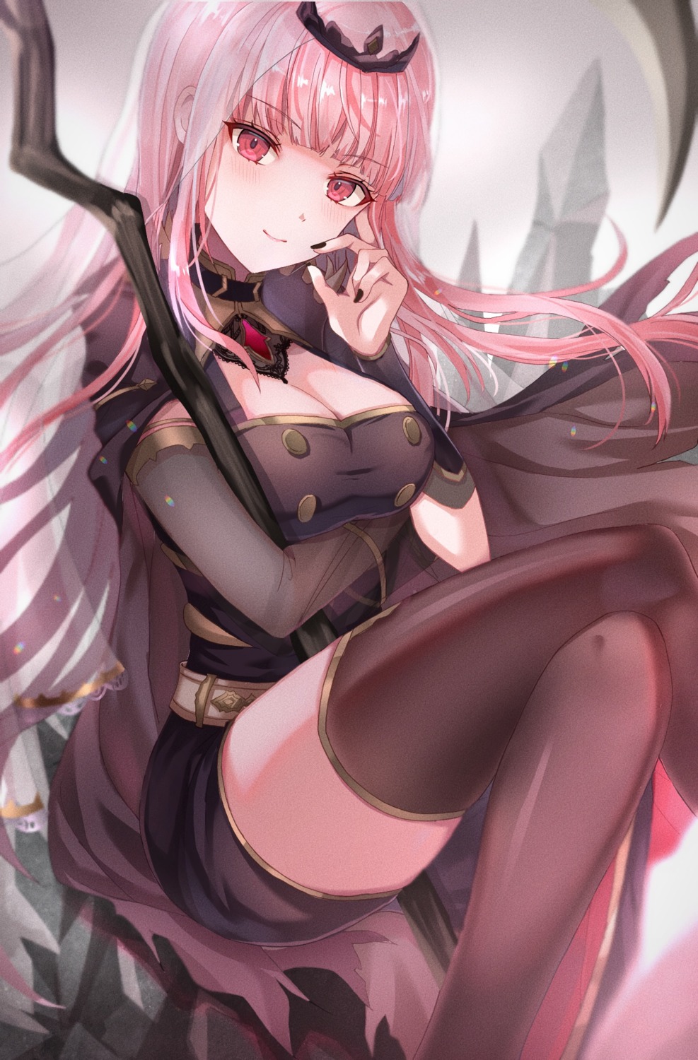 hololive, hololive_english, kebaboishii, mori_calliope, see_through, thighhighs, weapon