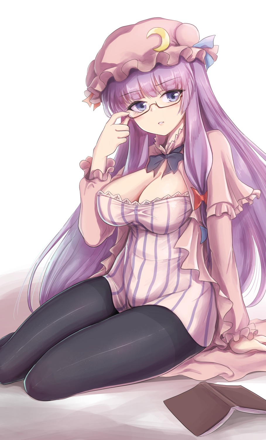 cleavage, dress, megane, namiki_(remiter00), pantyhose, patchouli_knowledge, skirt_lift, touhou