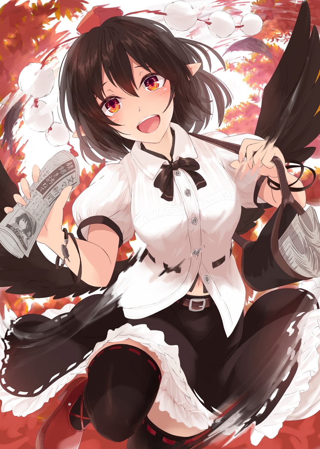 heels, kagami_toufu, pointy_ears, shameimaru_aya, skirt_lift, thighhighs, touhou, wings
