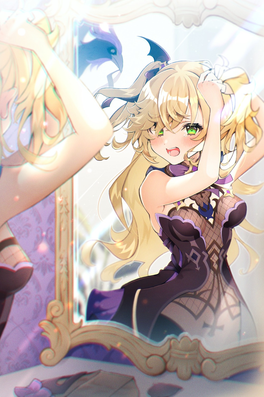 fischl, fishnets, genshin_impact, no_bra, umeume_(totoya)