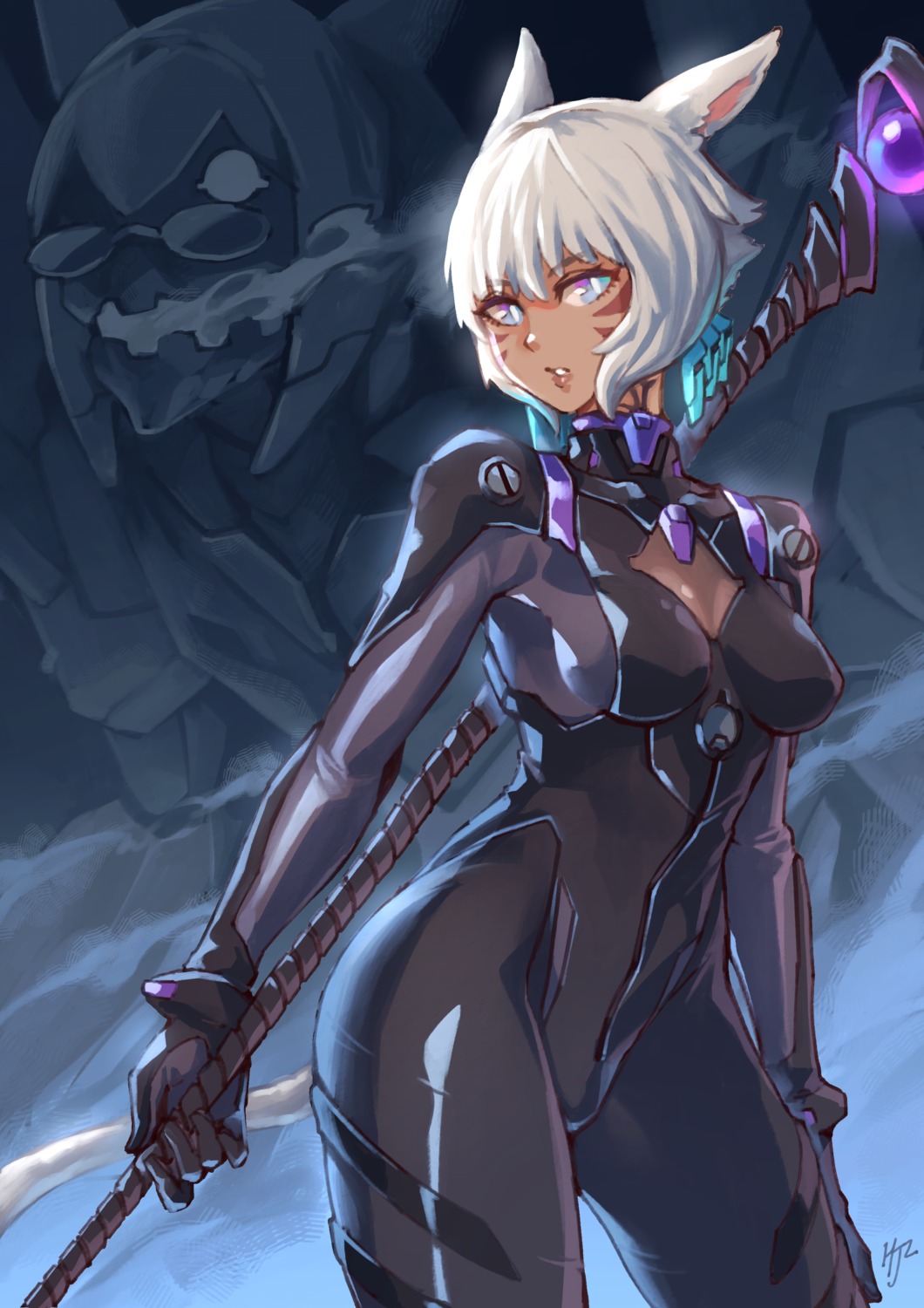 animal_ears, bodysuit, cleavage, cosplay, final_fantasy, final_fantasy_xiv, haimerejzero, megane