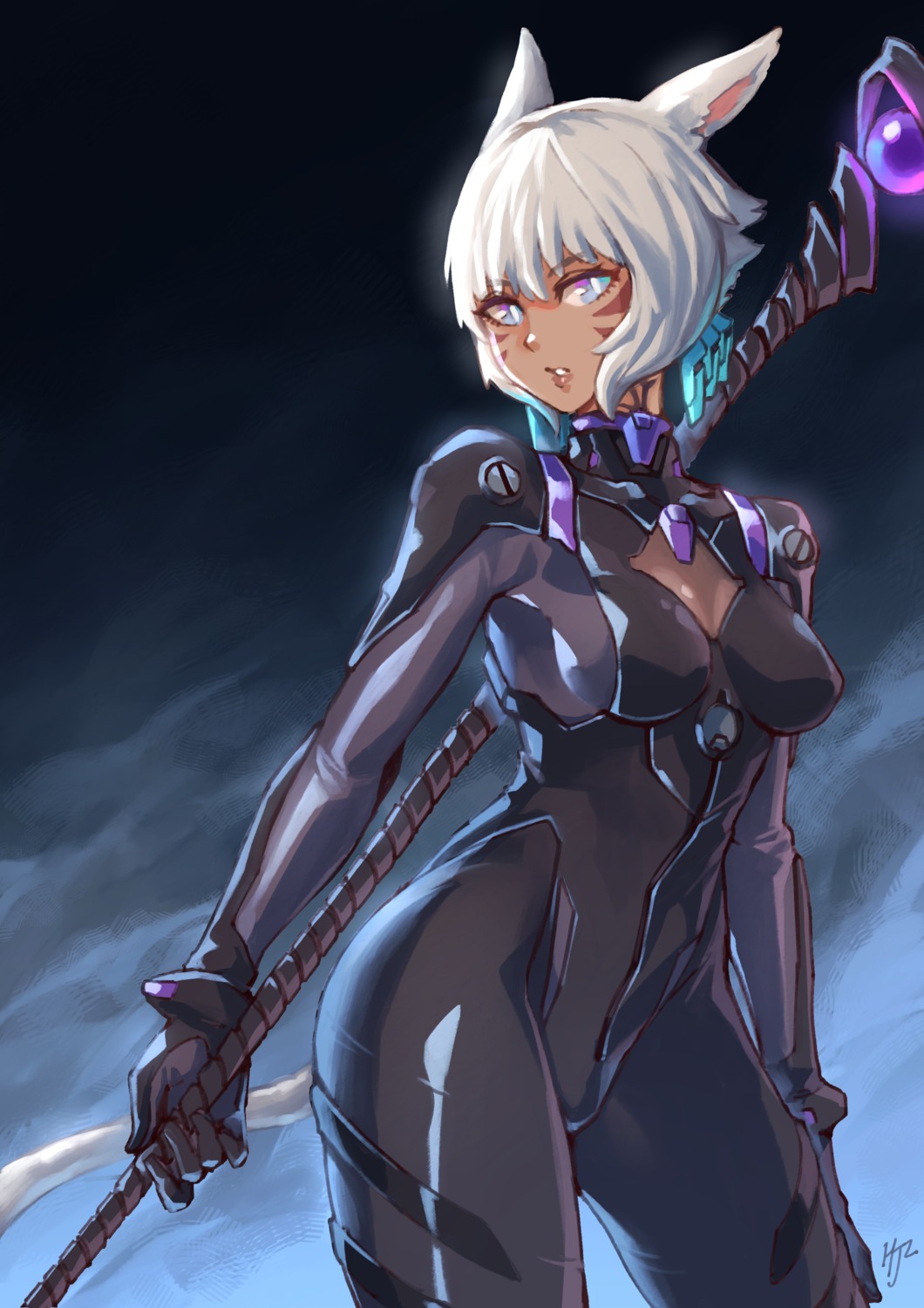 animal_ears, bodysuit, cleavage, cosplay, final_fantasy, final_fantasy_xiv, haimerejzero, neon_genesis_evangelion, tail, weapon, y'shtola