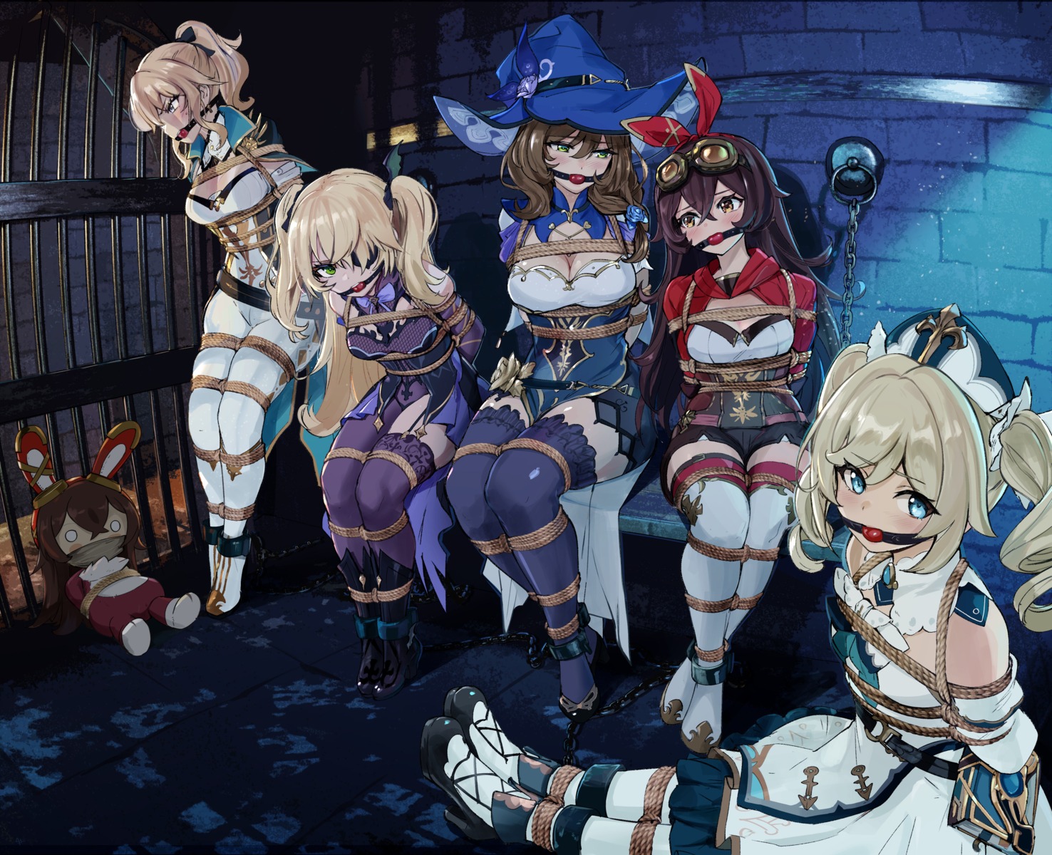 amber_(genshin_impact), barbara_(genshin_impact), bondage, chibi, cleavage, eyepatch, fischl, fishnets, genshin_impact, heels, jean_gunnhildr, lisa_(genshin_impact), sharpffffff, stockings, thighhighs, witch