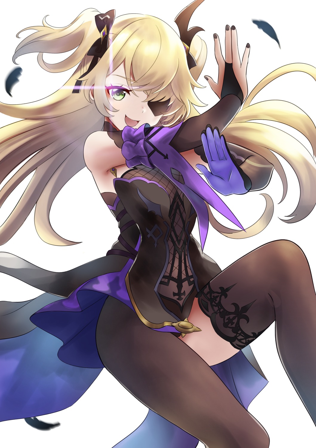 eyepatch, fischl, fishnets, genshin_impact, leotard, manjirou_(manji_illust), thighhighs