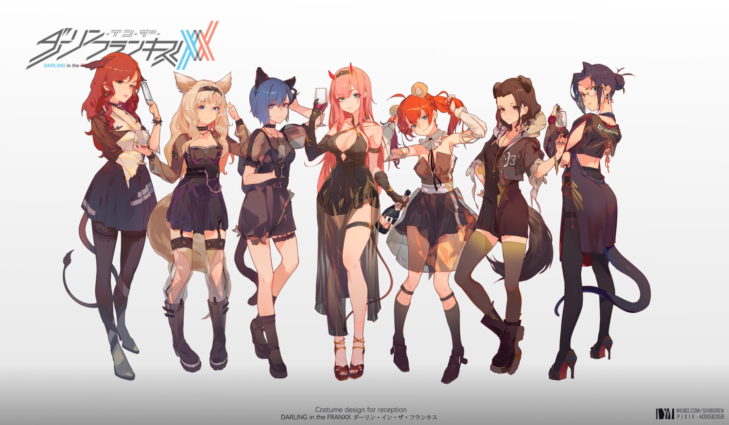 animal_ears, darling_in_the_franxx, dm_(dai_miao), garter, heels, horns, ichigo_(darling_in_the_franxx), nekomimi, no_bra, see_through, tail, thighhighs, zero_two_(darling_in_the_franxx)