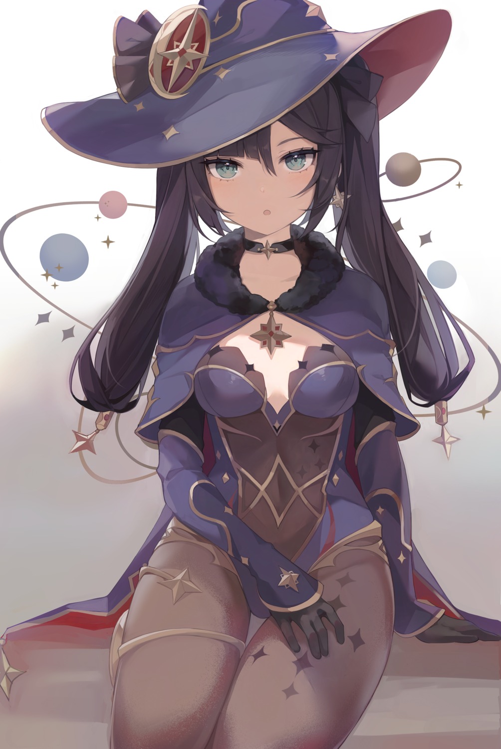 cleavage, garter, genshin_impact, leotard, mona_megistus, no_bra, pantyhose, saibe, witch