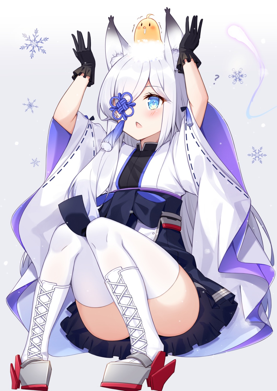 animal_ears, azur_lane, eyepatch, heels, japanese_clothes, kasumi_(azur_lane), skirt_lift, takeg05, thighhighs