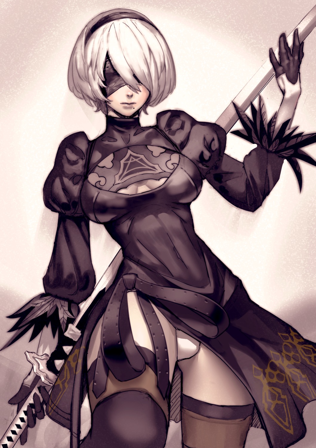cleavage, dress, nier, nier_automata, pantsu, skirt_lift, sword, thighhighs, thinker_0616, yorha_no.2_type_b