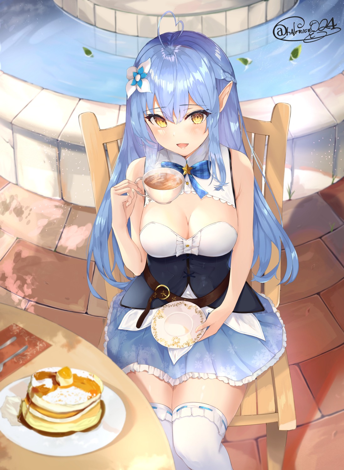 cleavage, elf, hololive, no_bra, pointy_ears, shiina_aoi, thighhighs, yukihana_lamy