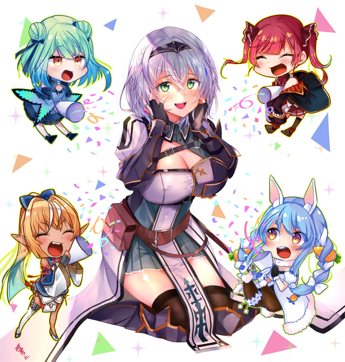 animal_ears, armor, asian_clothes, bunny_ears, bunny_girl, chibi, cleavage, elf