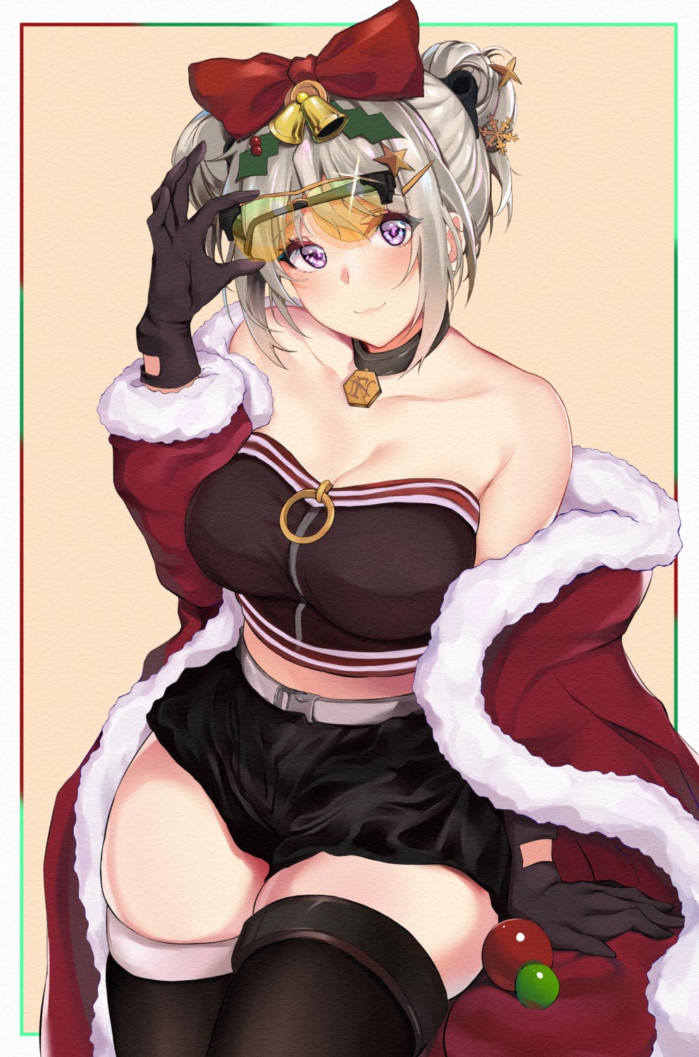 christmas, cleavage, girls_frontline, no_bra, p90_(girls_frontline), thighhighs, zengi