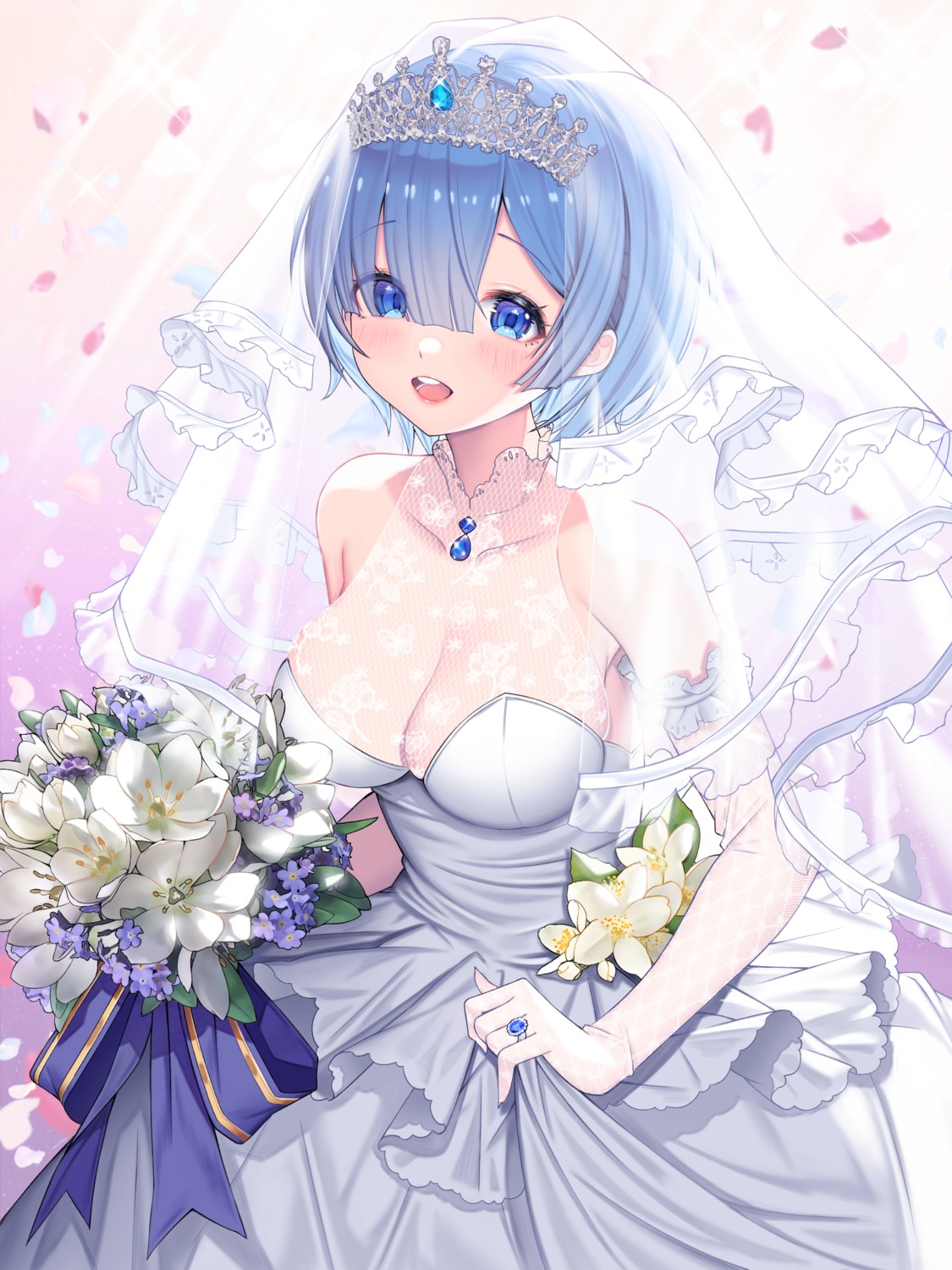 cleavage, dress, no_bra, re:zero_kara_hajimeru_isekai_seikatsu, rem_(re_zero), see_through, wedding_dress, yuri_(chocho_q)