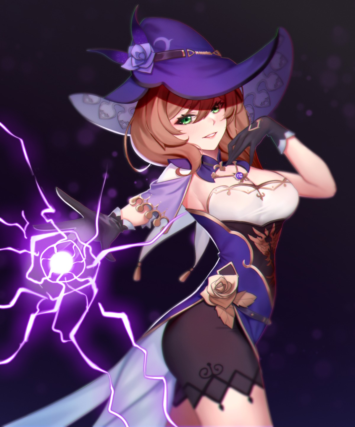 choco_bear, cleavage, dress, genshin_impact, lisa_(genshin_impact), no_bra, witch