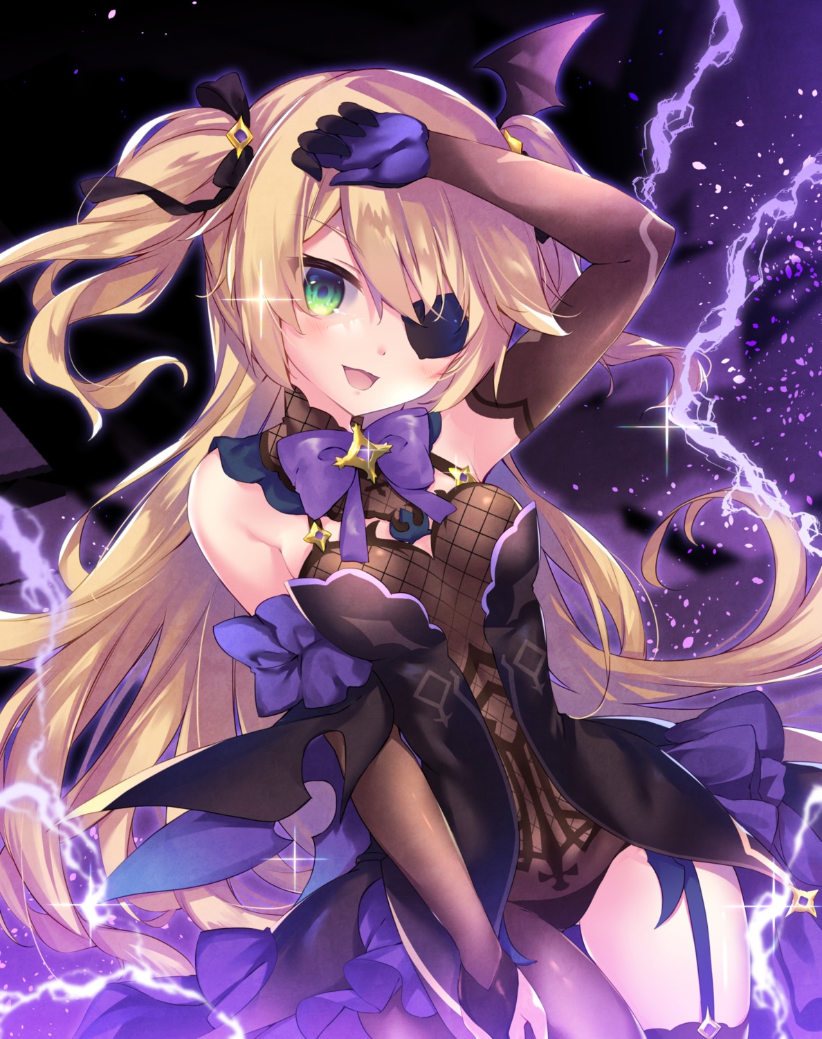 eyepatch, fischl, fishnets, genshin_impact, leotard, nanamomo_rio, no_bra, stockings