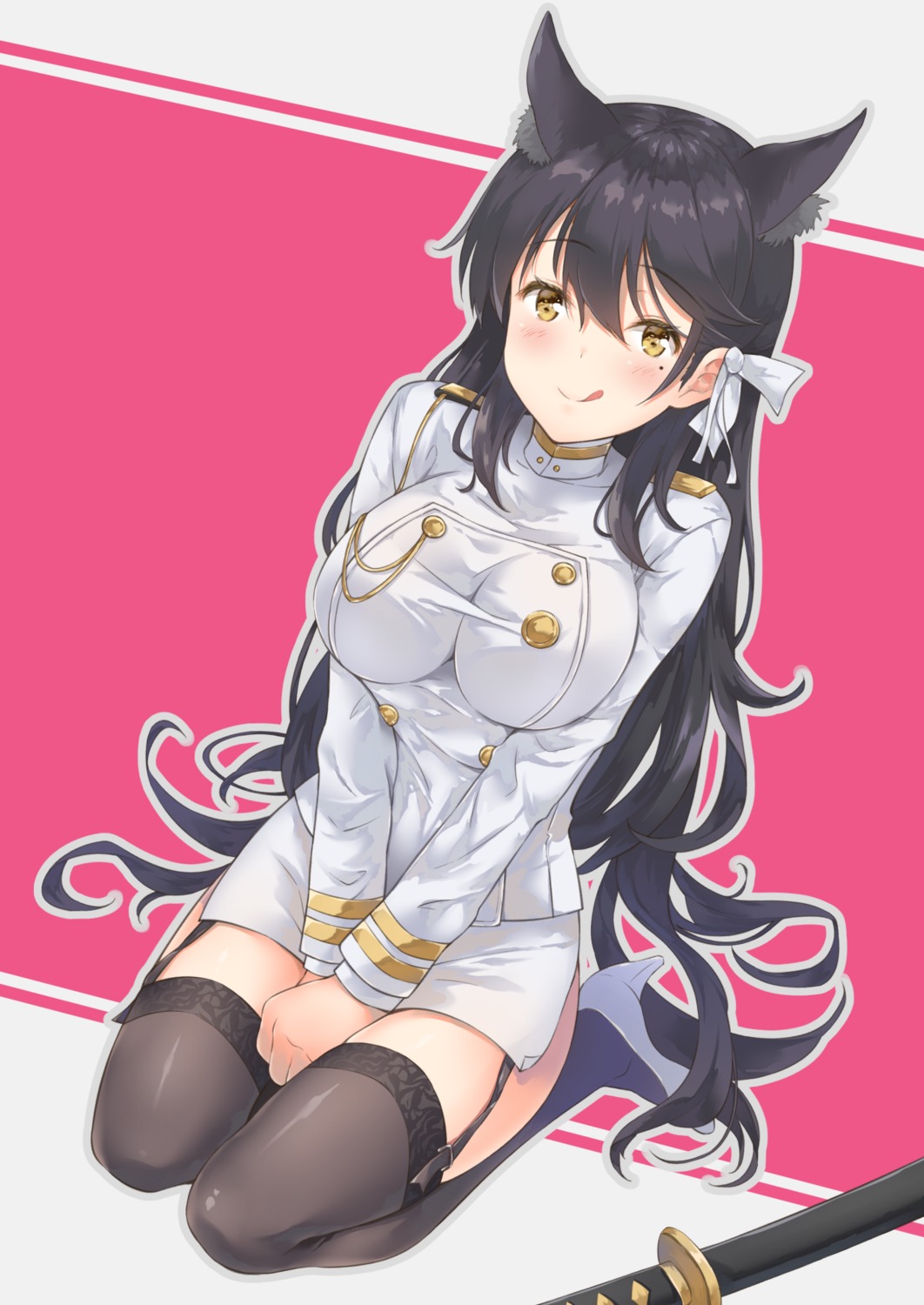 animal_ears, atago_(azur_lane), azur_lane, iroha_(unyun), stockings, sword, thighhighs, uniform